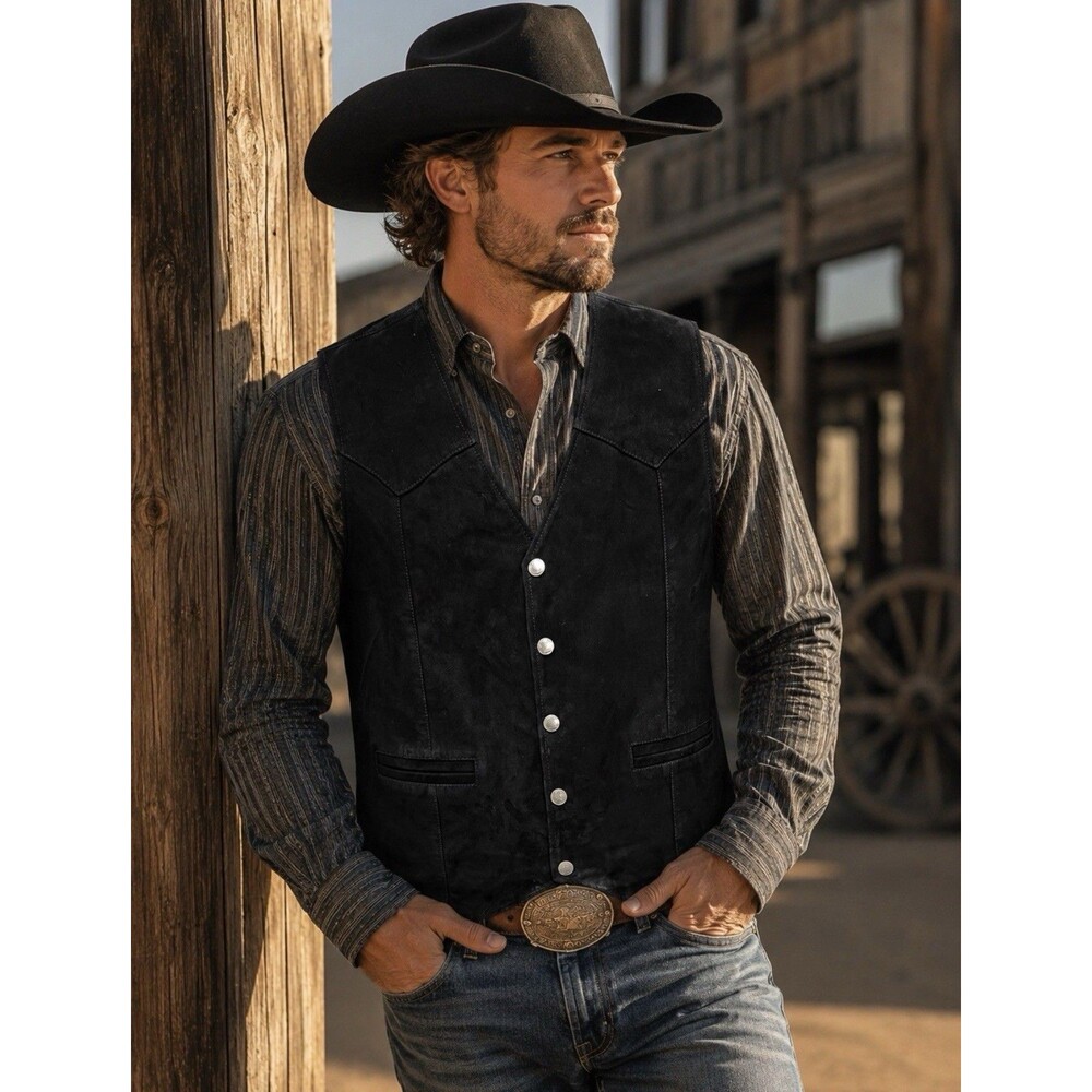 Cody James Black Suede Leather Western Best Buffalo Nickel Snaps Large Ranchwear